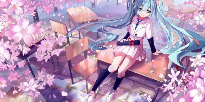 1332x850 Wallpaper chairs, Sakura, knee, vocaloid, Hatsune Miku, flowering