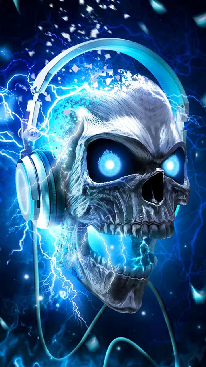 720x1280 Skull music headphone art. Neon blue metallic skull design art