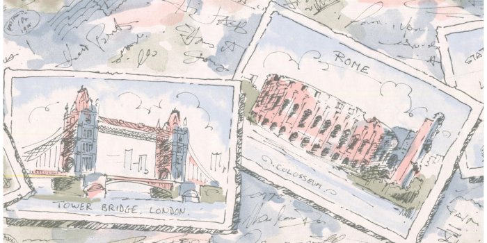 2356x1350 Wallpaper Border - Famous Places Around the World Postcards Blue Green Pink  Wall Border Retro Design, Prepasted Roll 15 ft. x 7 in.