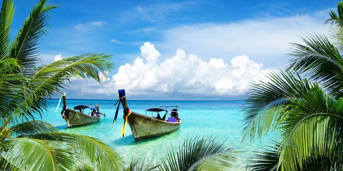 4000x2250 Wallpaper Tropical Beach, Boats, Island, Coconut trees, 4K, Nature