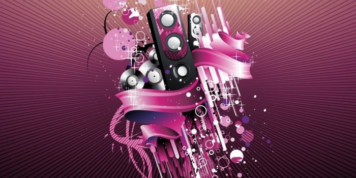 1024x768 Wallpapers Speakers Art Burst Circles Disks Pink Ribbon Sparkles