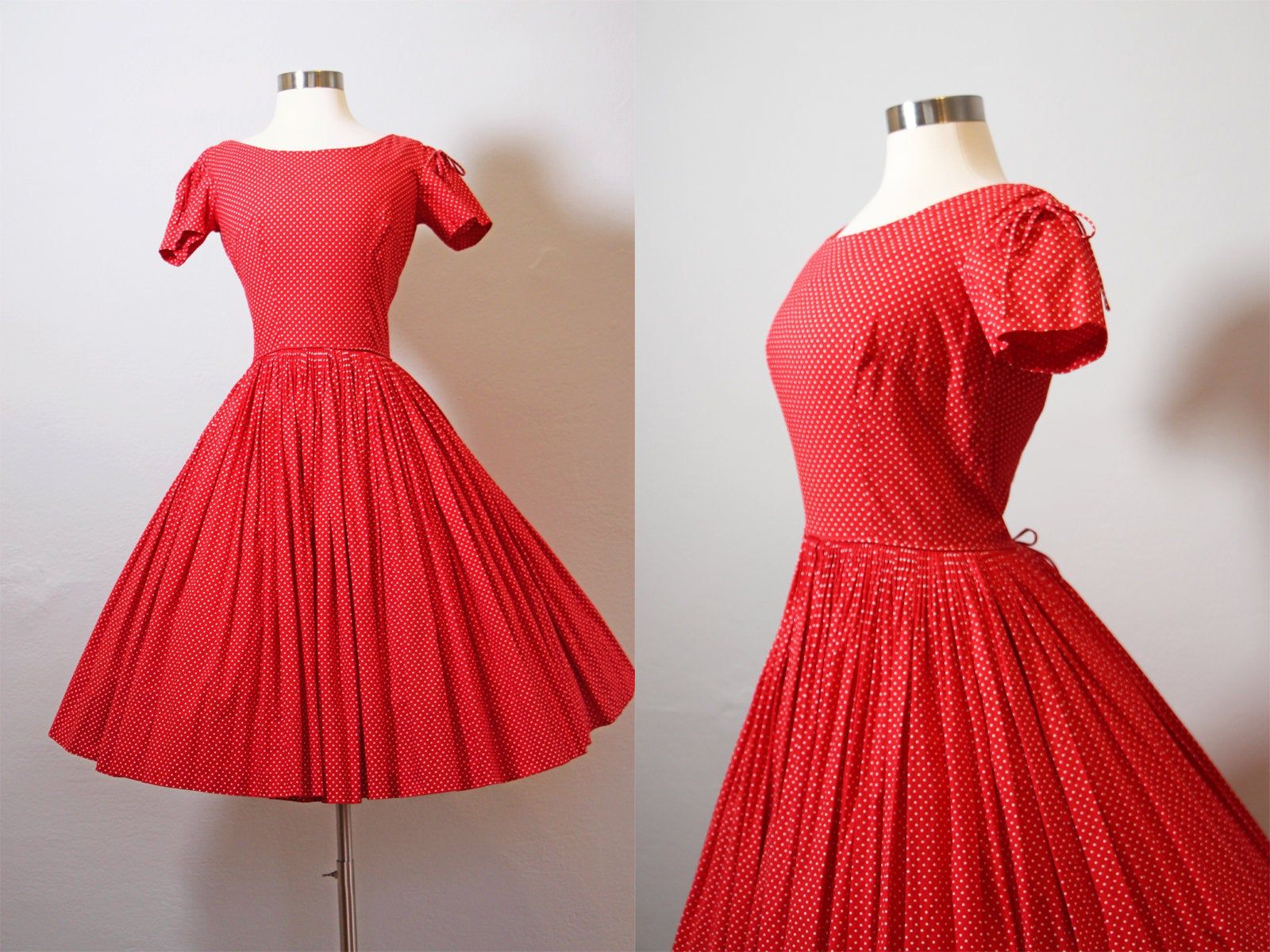 1600x1200 1950s Dress - Vintage 50s Dress - Red White Micro Polka Dot Cotton Anne  Fogarty Dress w Tie Sleeves Size XS