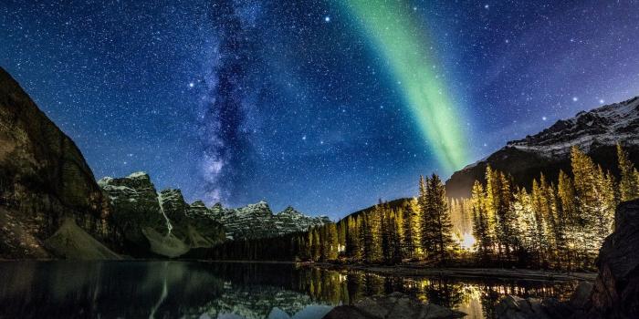 1332x850 Wallpaper the sky, stars, trees, landscape, mountains, night, nature