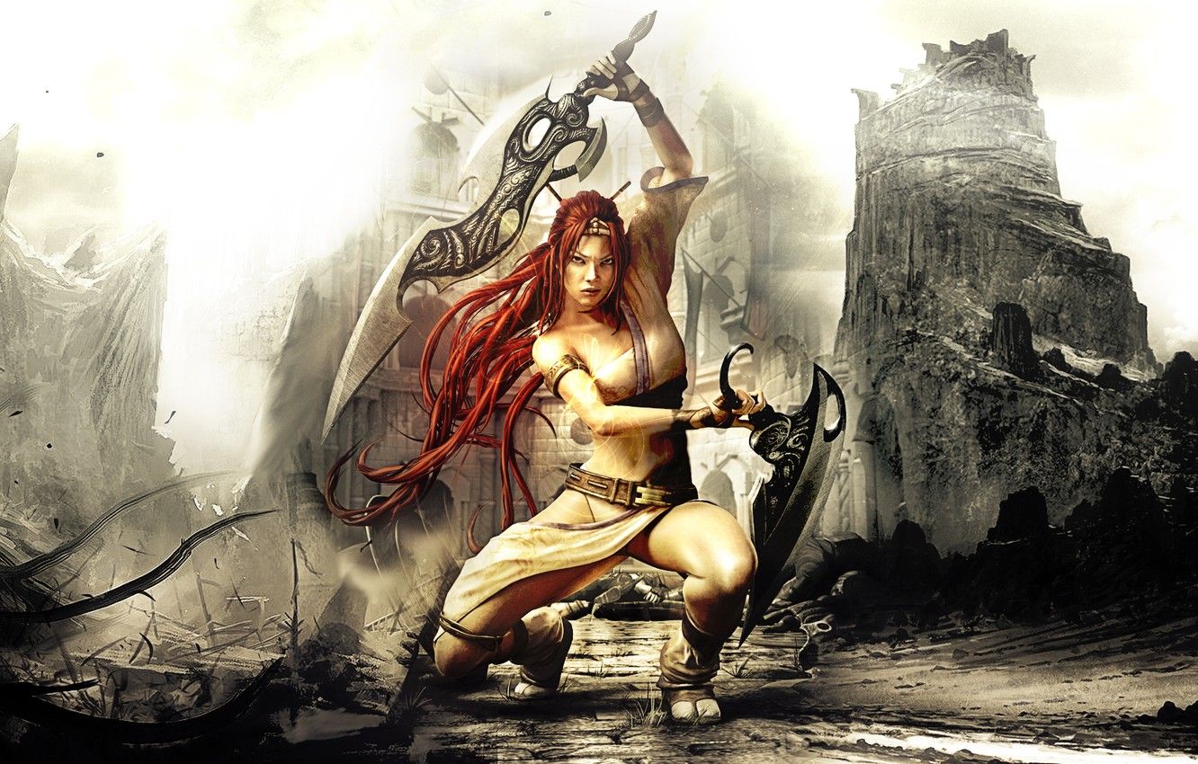 1332x850 Wallpaper girl, the city, weapons, warrior, Heavenly Sword, ruins