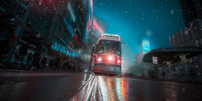 1332x850 Wallpaper road, snow, street, Canada, tram, Toronto, Canada, Toronto