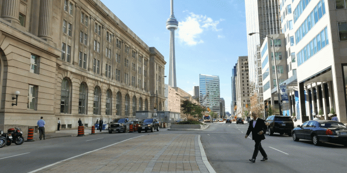 1920x1080 Toronto Downtown Front Street Morning Tilt Up. Looking east down Front  Street towards CN Tower on a late Autumn morning. Stock Video Footage -