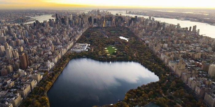 1366x768 HD Background Central Park New York City Lake Skyscrapers Wallpaper