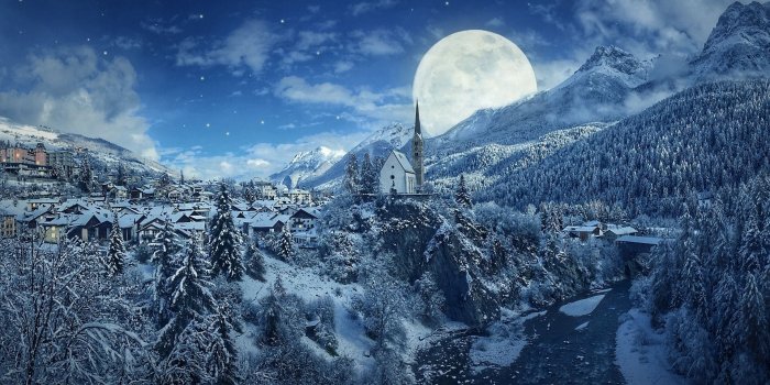 1920x1080 Winter Night Snow Mountains and Moon HD Wallpaper - Wallpaper Stream
