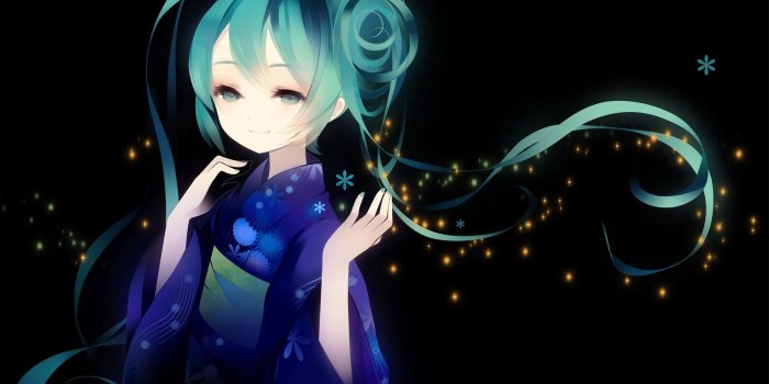 1920x1200 dark, Vocaloid, Hatsune Miku, long hair, kimono, green eyes, green