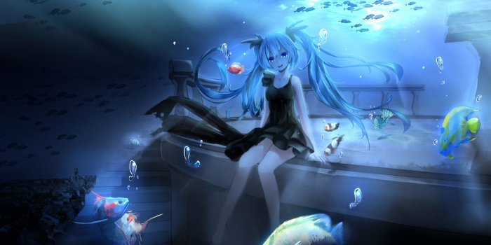 1920x1080 Underwater, Marine Biology, Black Hair, Hatsune Miku, Special
