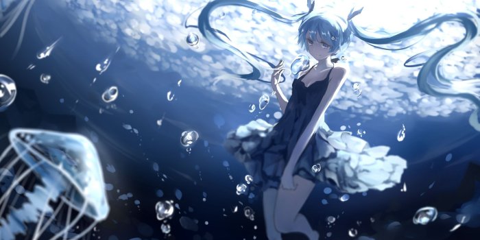 1920x1080 Wallpaper Hatsune Miku, Underwater, Smiling, Water Bubbles