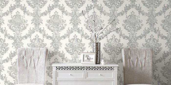 1000x1000 Details about Boutique Opal Damask White And Silver Metallic Wallpaper
