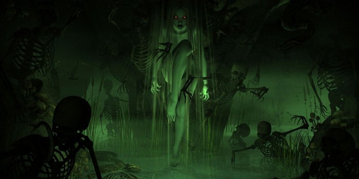 1680x1050 dark, Horror, Evil, Women, Girl, Swamp, Demon, Skeleton, Skull 4K HD