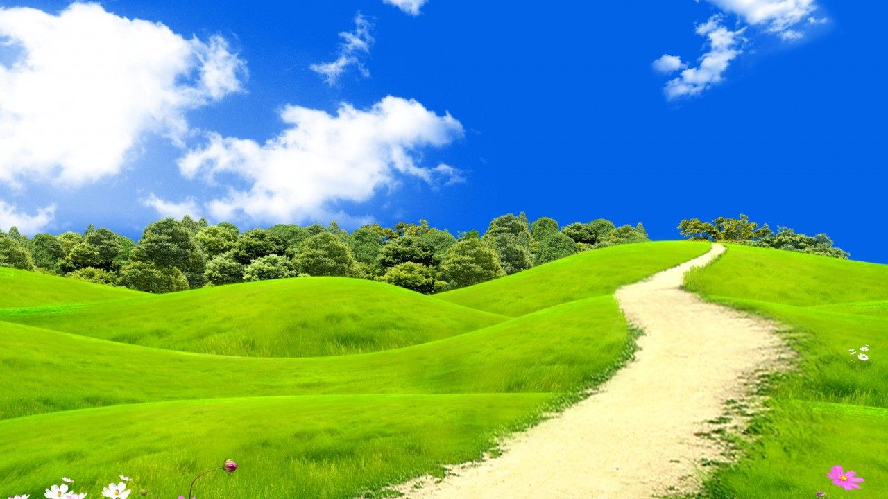 1280x720 Wallpaper Green landscape, Blue sky, HD, Nature, #6267