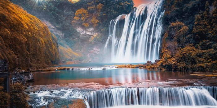 1332x850 Wallpaper rocks, dawn, waterfall, China, Huangguoshu Waterfall