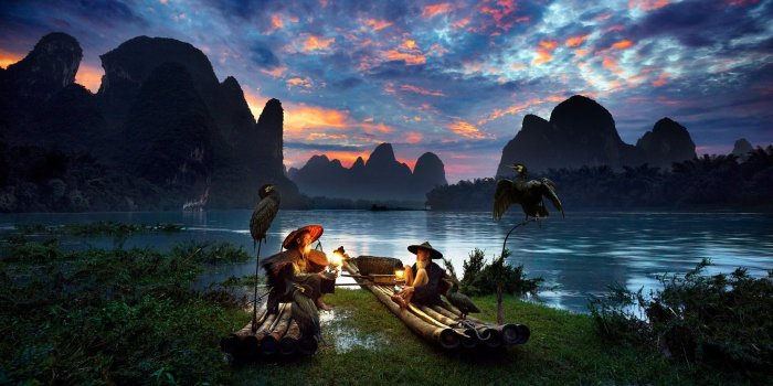 2048x1306 men, Nature, River, Birds, Asian, Mountain, China Wallpapers HD