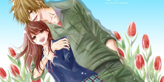 1280x1024 Man in green shirt hugging woman in blue school uniform anime