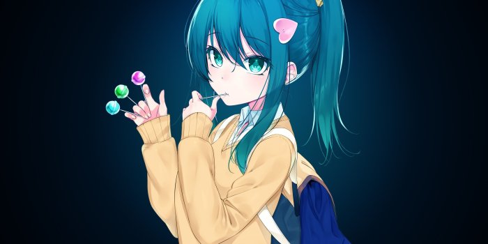3840x2160 Wallpaper Anime Girl, Candies, Blue Hair, School Uniform