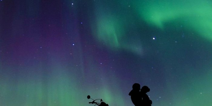 1440x2560 Wallpaper Couple, Aurora Borealis, Northern Lights, Motorcycle, Girl