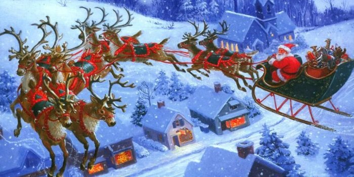 1024x768 Santa Claus Flying Reindeer Desktop Wallpaper | Santa Flying