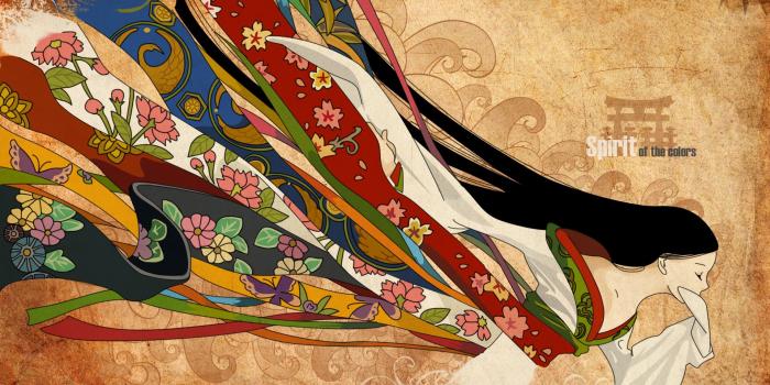 1920x1200 brunettes, abstract, multicolor, long hair, kimono, closed eyes