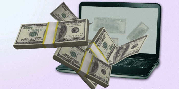 1920x1080 3d animation of 100 dollar bills internet money pouring out of a laptop  screen made in 3d software Motion Background - Storyblocks Video