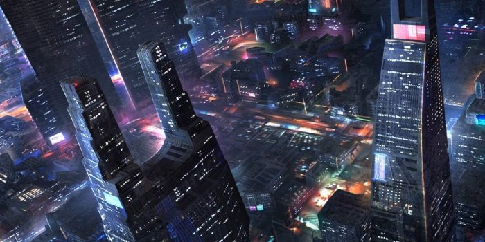 1024x768 Future city, skyscrapers, night, lights, art design wallpaper
