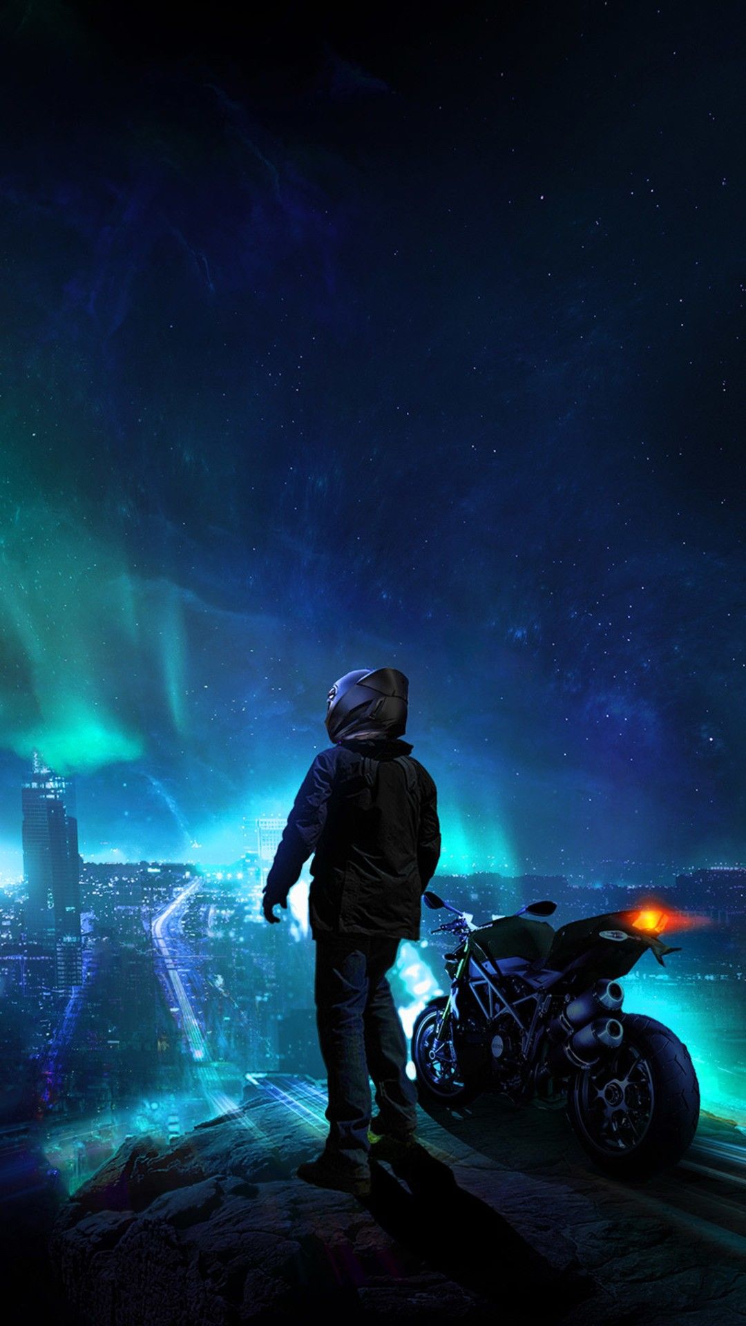 1080x1920 Skylines Biker Blue City Photomanipulation Do Wallpaper - [1080x1920]
