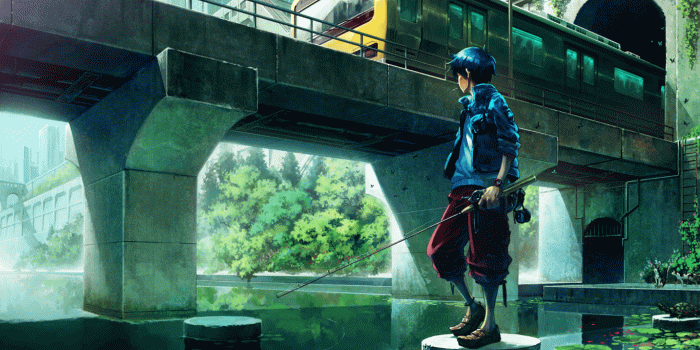 1366x768 Download 1366x768 Anime Boy, Train, Bridge, River, Anime Landscape