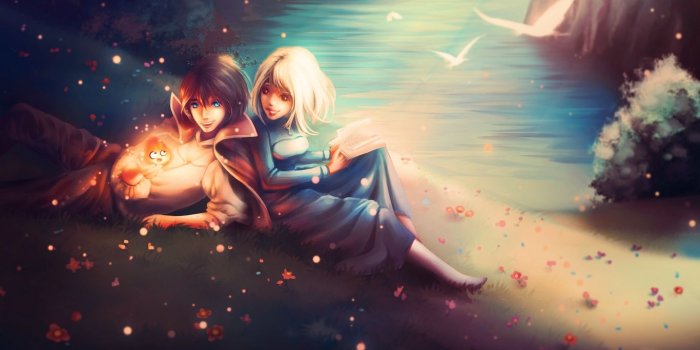 1366x768 Download wallpaper 1366x768 howl, sophie, boy, girl, beach, art
