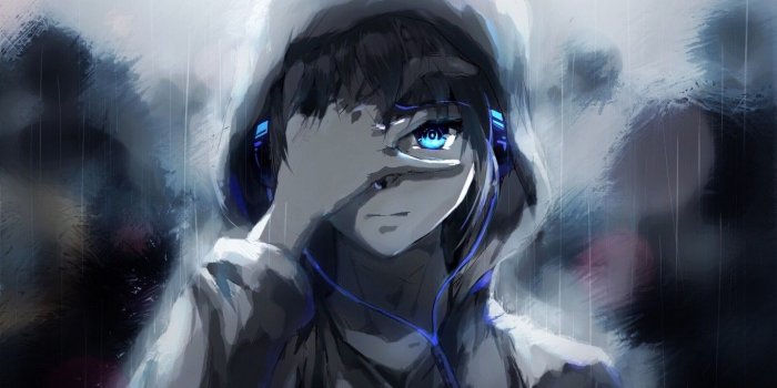 1366x768 Download 1366x768 Anime Boy, Hoodie, Blue Eyes, Headphones, Painting