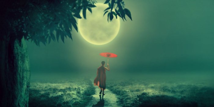 1366x768 Download wallpaper 1366x768 boy, monk, fog, moon, child, umbrella