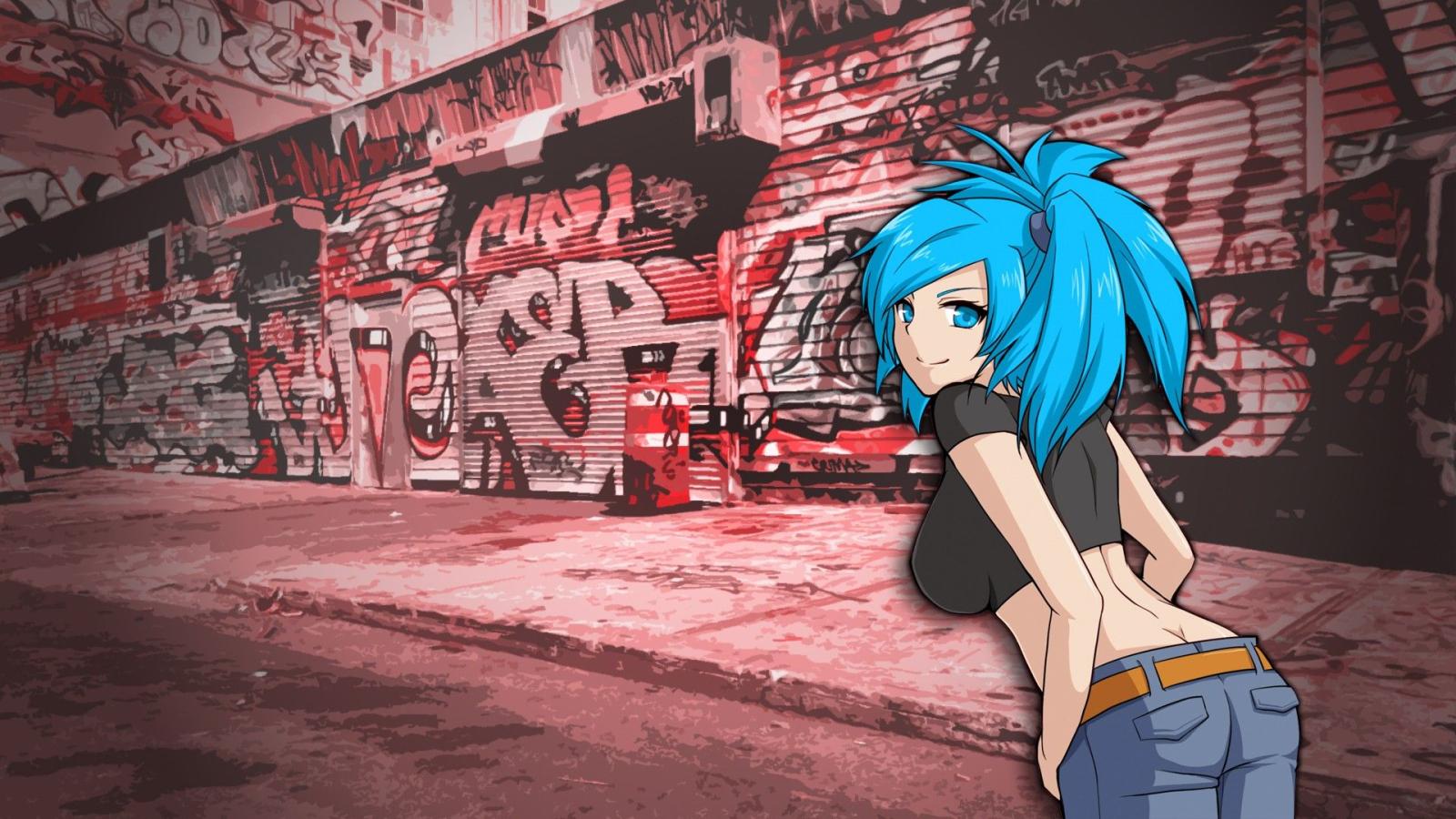 1920x1080 4543877 #blue hair, #anime girls, #graffiti, wallpaper | Anime