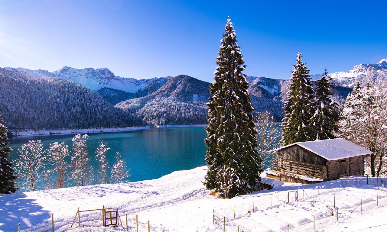 1280x768 Desktop Wallpapers Italy Lago di Sauris Nature Spruce Winter
