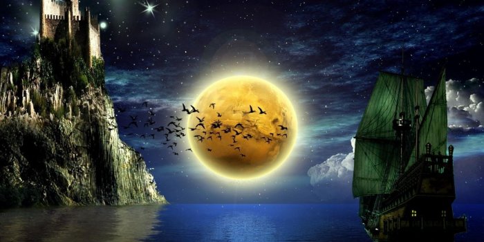1366x768 1366x768 Wallpaper moon, birds, boats, water, castle, sky, stars
