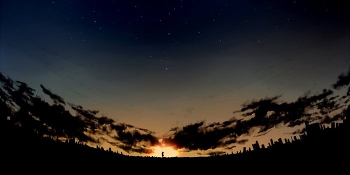 1500x800 Silhouette of clouds, sunset, alone, city, anime HD wallpaper