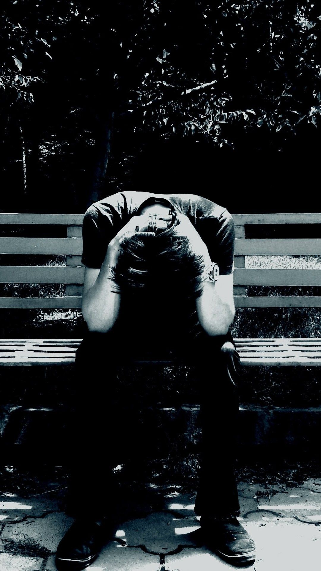 1080x1920 Download 1080x1920 Sad Man, Mood, Bench, Monochrome Wallpapers for