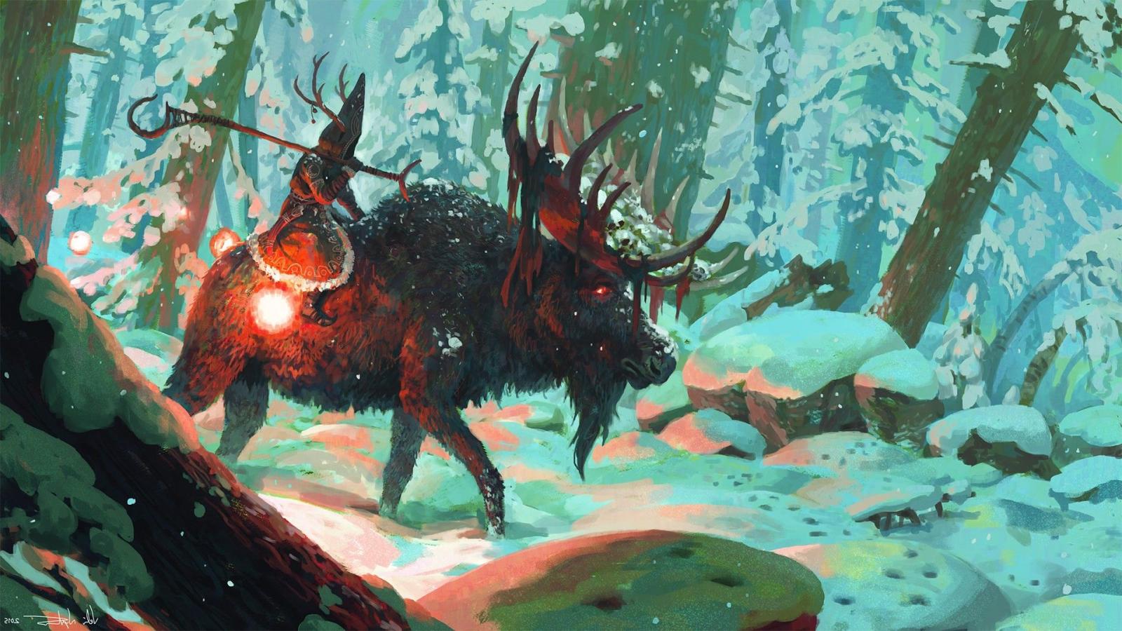 1920x1080 artwork, Fantasy Art, Deer, Wizard, Animals, Forest, Snow, Horns