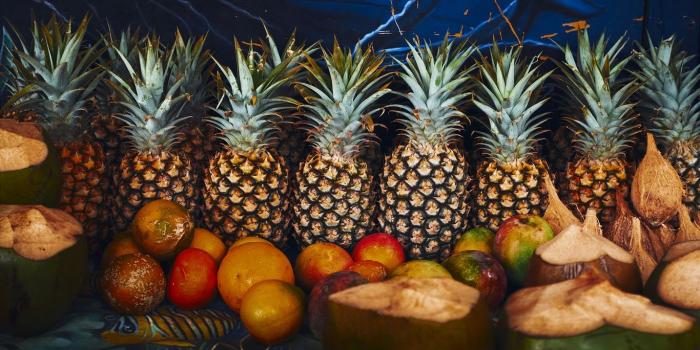 1366x768 Download wallpaper 1366x768 pineapple, fruit, coconuts tablet