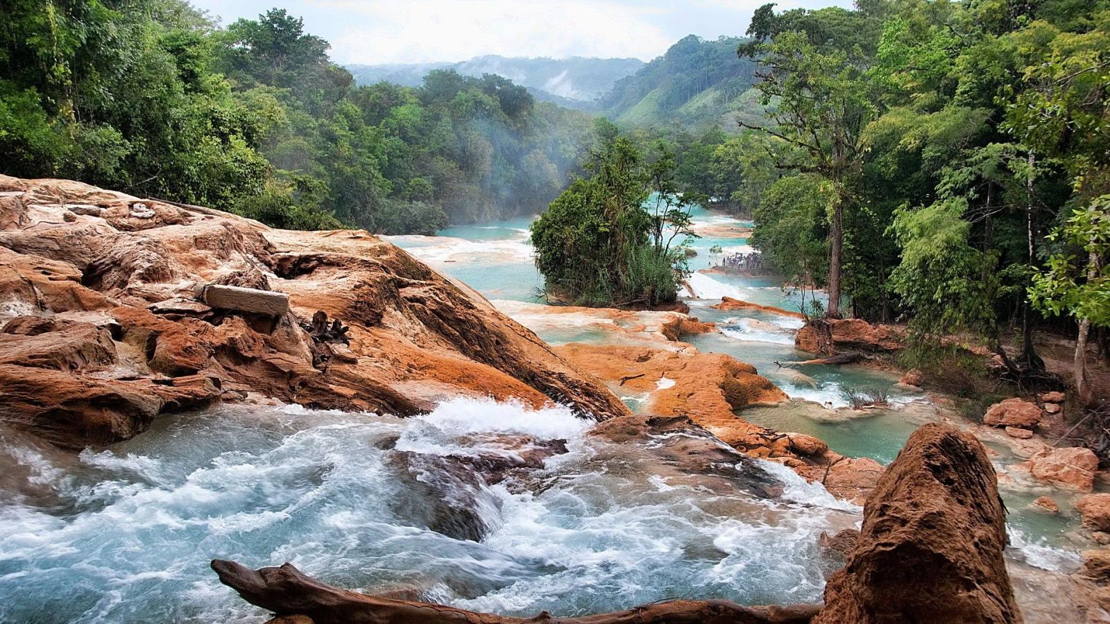 1920x1080 River Blue Waterfalls Rapid Forest Water Cascading Mexico Mountain