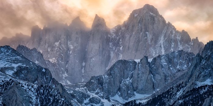 1920x1200 Wallpaper Winter, mountains, snow, clouds, dusk, top view 1920x1200