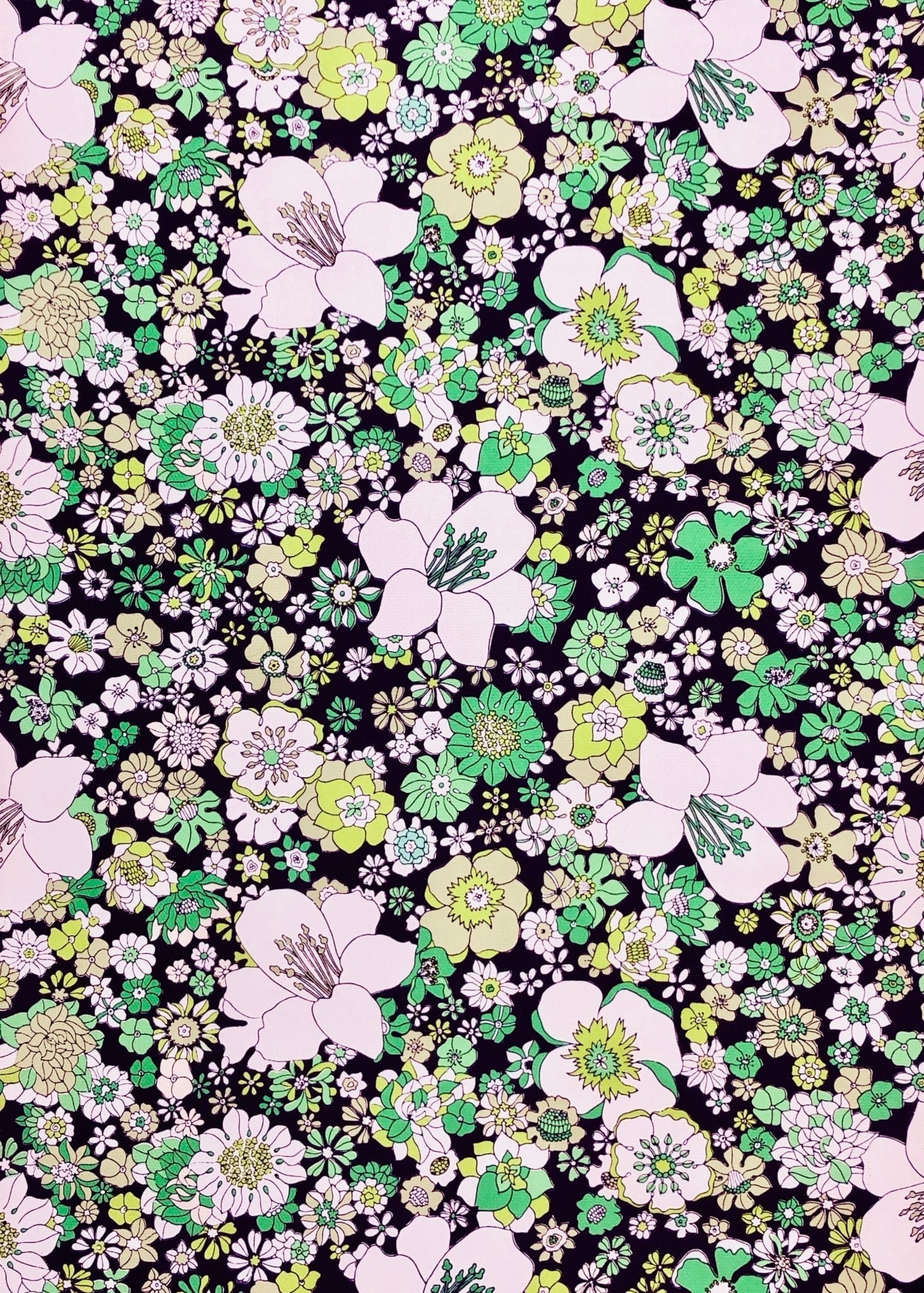 1464x2048 Vintage Green on Black Floral Wallpaper