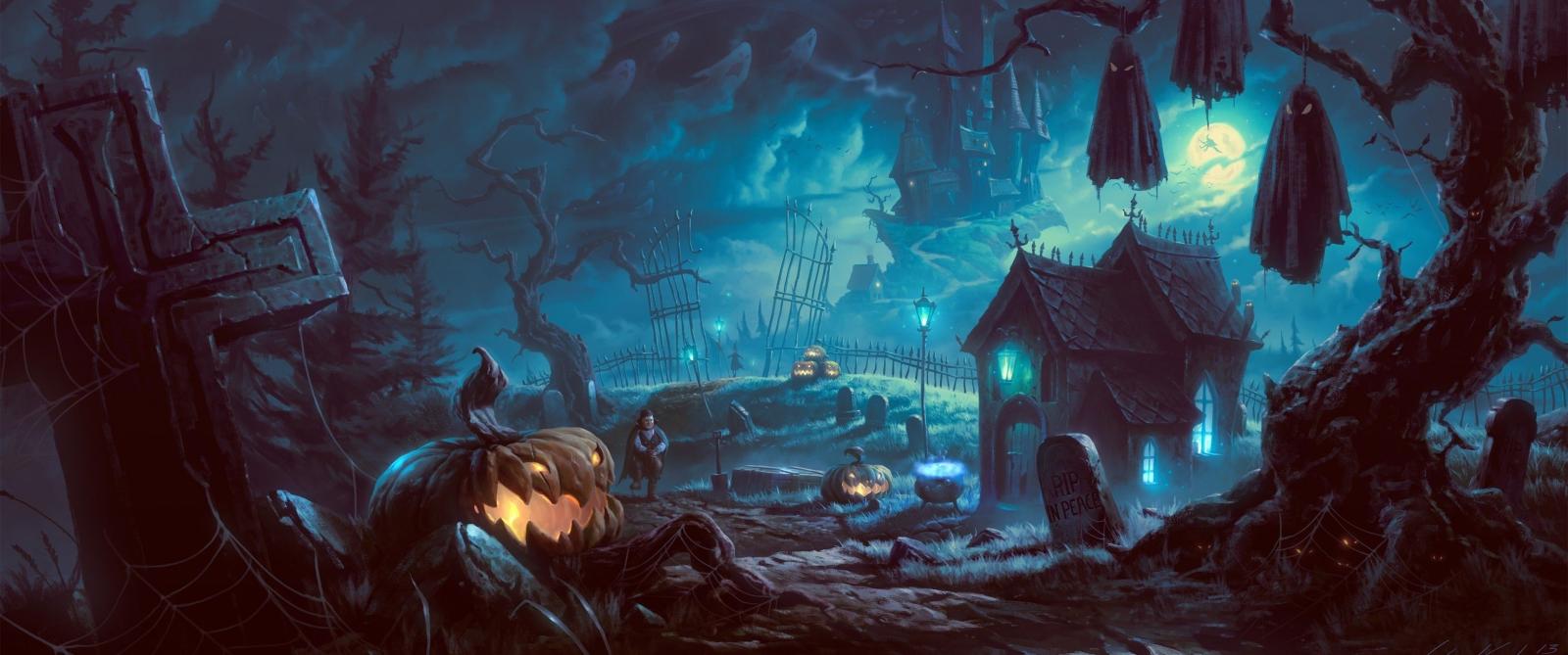 3440x1440 Download 3440x1440 Halloween, Graveyard, Pumpkins, Vampire