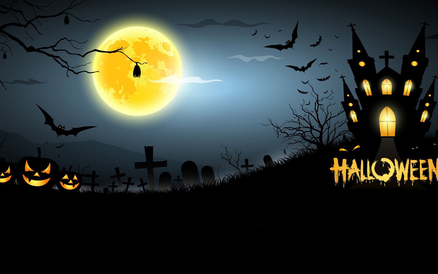 1440x900 1440x900 bats, horror, house, graveyard, halloween, full moon, scary