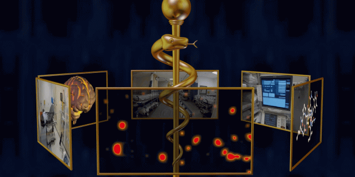 1920x1080 Medical science video display screens rotating around Rod , Staff of  Asclepius. Medical snake symbol. 3d animation with video montage Motion