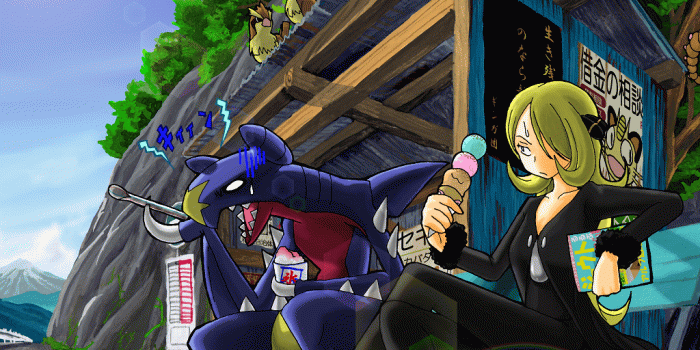 1024x768 Cynthia and her Garchomp eat ice cream at the bus stop. | Pokémon