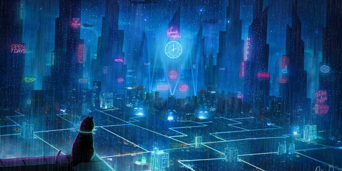 3840x2160 Download wallpaper 3840x2160 cat, roof, city, neon lights