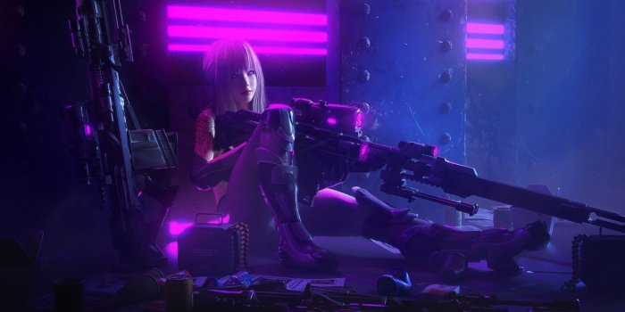 1332x850 Wallpaper look, girl, weapons, art, cyborg, Cyberpunk images for