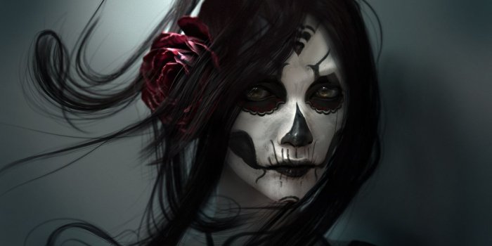 1244x700 Gothic Face Brunette girl Hair Fantasy Girl fantasy skull death