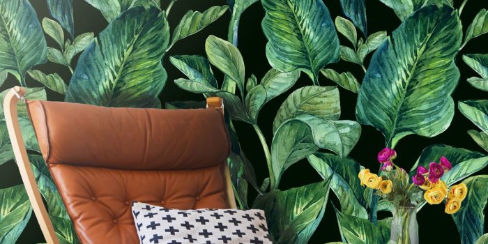 1280x1280 Tropical Leaves Removable Wallpaper - black background - Self adhesive -